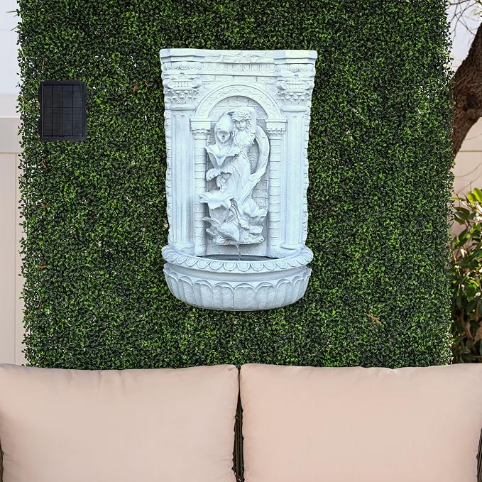 XBrand 30.3" Solar-Powered Outdoor Wall Fountain with Flower Maiden Statue, Antique Stone Waterfall Design for Garden, Yard Décor & Bird Bath, Polyresin
