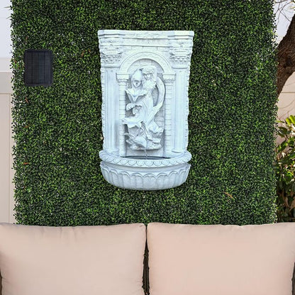 XBrand 30.3" Solar-Powered Outdoor Wall Fountain with Flower Maiden Statue, Antique Stone Waterfall Design for Garden, Yard Décor & Bird Bath, Polyresin