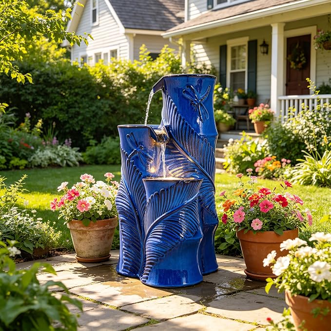 Autodaya 25.5" Ceramic Outdoor Water Fountain with LED Lights, Bamboo-Style | Unique Cobalt Blue Natural Leaf Dragonfly Texture Water Feature, 3-Tier Cascading Waterfall for Garden Patio Yard Relax Oasis