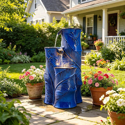 Autodaya 25.5" Ceramic Outdoor Water Fountain with LED Lights, Bamboo-Style | Unique Cobalt Blue Natural Leaf Dragonfly Texture Water Feature, 3-Tier Cascading Waterfall for Garden Patio Yard Relax Oasis