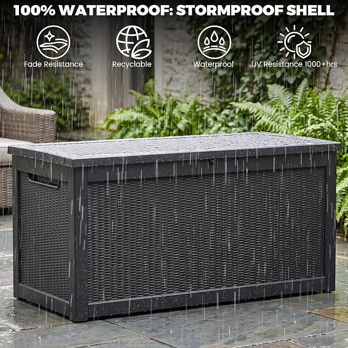 Outdoor Storage Box, 320 Gallon Waterproof Deck Box [Upgraded 3.1], Giant Resin Storage for King Cushions, Lockable Bench Chest, Estate Yard Garden BBQ Gathering, Black