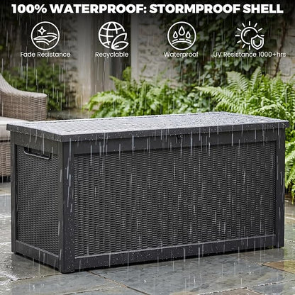 Outdoor Storage Box, 320 Gallon Waterproof Deck Box [Upgraded 3.1], Giant Resin Storage for King Cushions, Lockable Bench Chest, Estate Yard Garden BBQ Gathering, Black