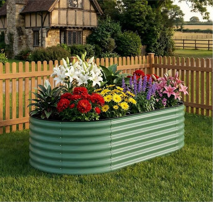 Garvee 8x4x1.5ft Galvanized Raised Garden Bed, Oval Metal Planter Box with Anti-Cut Safety Edges, 359 Gallons Rust-Resistant Deep Root Planter for Outdoor Vegetables, Flowers, Herbs, Green