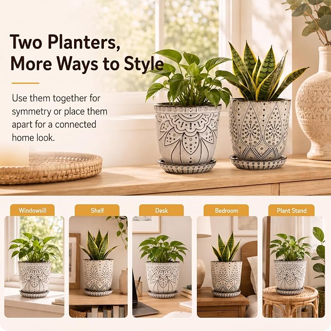 Gepege 6 Inch Beaded Ceramic Planter Set of 2 with Drainage Hole and Saucer for Plants, Indoor-Outdoor Large Round Succulent Orchid Flower Pot (Smoked Gray, Inner-pots not Larger Than 5 Inch)