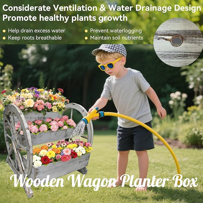 3 Tier Large Wooden Wagon Planter Box|Outdoor Planter/Flower Pot for Indoor&Outdoor Plants-Rustic Garden Planter for Patio,Porch&Garden Decor-Raised Garden Bed for Succulents,Herbs,Vegetables