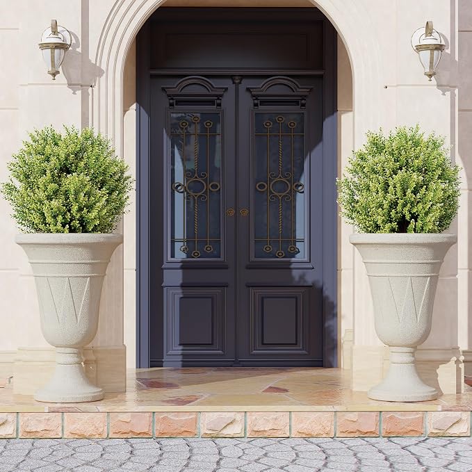 23" Tall Planters for Outdoor Plants Set of 2, Planter with Drainage Holes and Trophy Design, Large Outdoor Planters for Porch, Garden, Beige