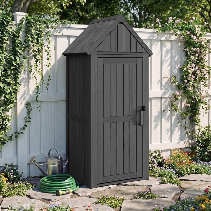 Bifanuo Deck Box Storage Shed Outdoor Storage Cabinet, Vertical Waterproof Resin Material Plastic Shed with Removable Shelves, 12 Hooks and Lock Ring for Garden, Pool and Patio (Classic Black)