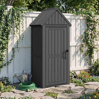 Bifanuo Deck Box Storage Shed Outdoor Storage Cabinet, Vertical Waterproof Resin Material Plastic Shed with Removable Shelves, 12 Hooks and Lock Ring for Garden, Pool and Patio (Classic Black)