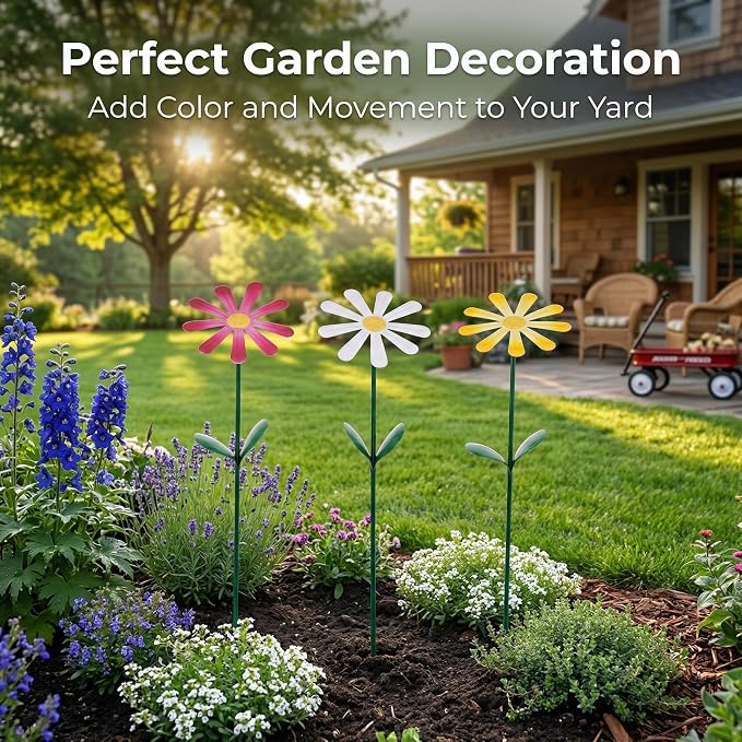 Topadorn Set of 3 Metal Daisy Garden Stakes, Decorative Flower Garden Stakes for Planters, Flower Beds, Lawn & Patio, 14.5 Inch