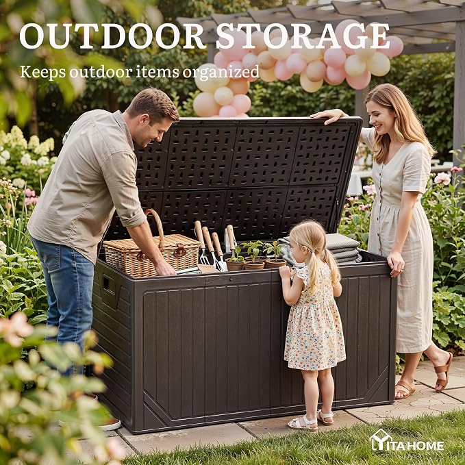 YITAHOME XXL 300 Gallon Extra Large OutdoorDeck Box, Lockable Resin Storage Box and Waterproof Patio Furniture Bin for Garden Tools & Pool Accessories, Brown