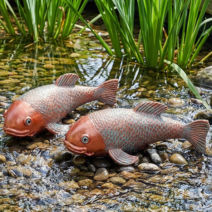 Set of 2 Antique Koi Statue - Resin Real Fish Garden Sculpture, Elegant Live Fish Pond Decor for Patio, Backyard,Unique Outdoor Ornaments
