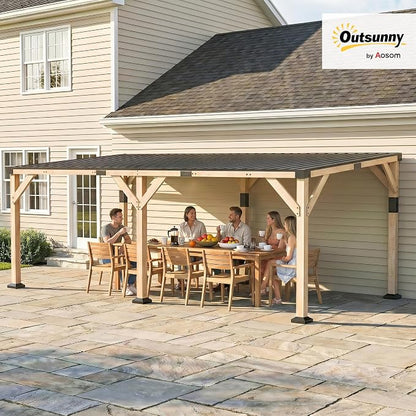 Outsunny 10' x 20' Wooden Gazebo, Hardtop Lean-to Gazebo Pergola with Galvanized Steel Sloped Roof, Large Heavy Duty Awning for Patio, Deck, Backyard, Light Walnut