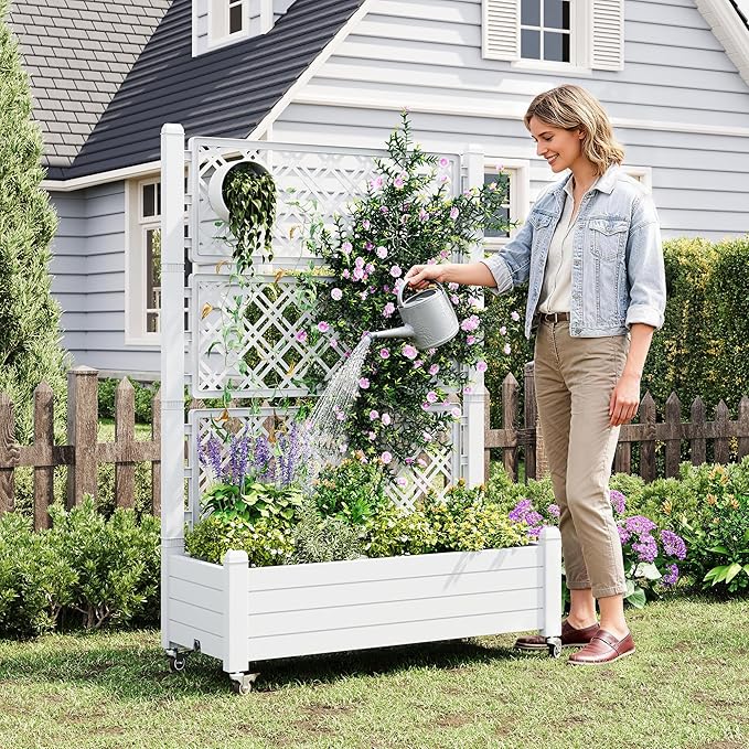 Resin Raised Garden Bed with Trellis and Wheels - Plasitc Planter Box with Trellis Outdoor with Drainage Holes & Water Monitor for Climbing Plants, Flower, Ashen(61.2" H)
