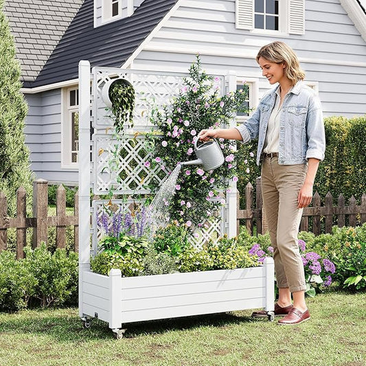 Resin Raised Garden Bed with Trellis and Wheels - Plasitc Planter Box with Trellis Outdoor with Drainage Holes & Water Monitor for Climbing Plants, Flower, Ashen(61.2" H)