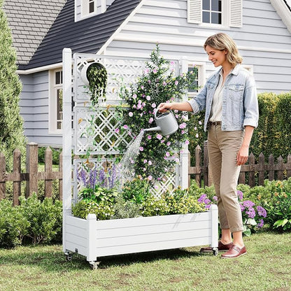 Elevated Raised Garden Bed with Trellis&Wheels,Ashen-61.2" h | Planter Box with Trellis Outdoor, Raised Planter with Trellis with Drainage Holes & Water Monitor for Climbing Plants