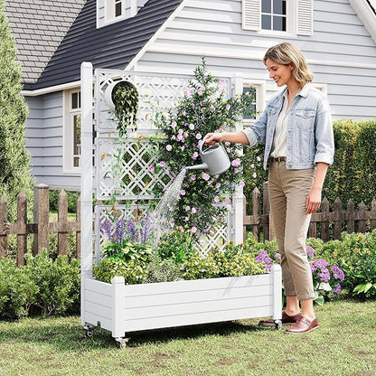 Elevated Raised Garden Bed with Wheels,Medium Ashen-61.2" h | Resin Planter Box with Drainage Holes, Water Monitor, Wheels for Garden Patio Backyard