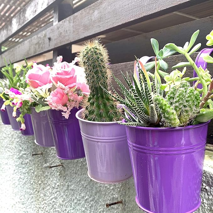 LaLaGreen Outdoor Rail Planter (4 in, 10 Pack) Purple Metal Railing Pots | Rail hanging planters for balcony, apartment, patio, porch, deck, herb, succulent, cactus pots, outdoor plants