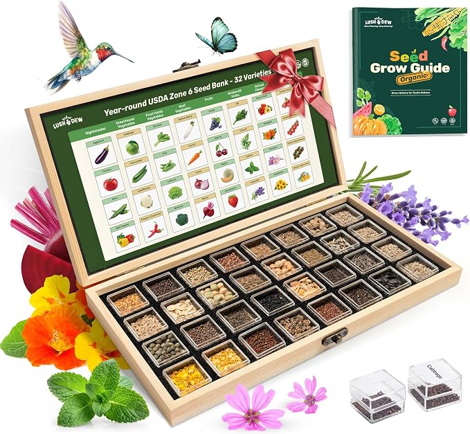 Lush&Dew Zone 6 Heirloom Survival Seed Kit, 32 Types 30,000+ Non-GMO Seeds | Gardening Gifts for Women Men, Seeds for Planting Vegetables Herb in Raised Garden Bed Greenhouse, Indoor Outdoor Home Garden
