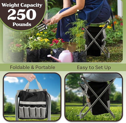 Pure Garden Garden Tools Set - Folding Stool with 250lb Capacity, Detachable 7 Pocket Bag, and 5 Gardening Tools for Weeding and Planting (Gray)