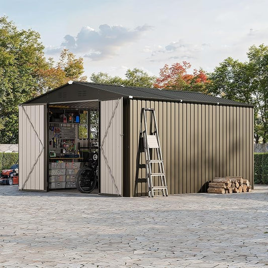 GarveeLife 10 x 12 FT Metal Storage Shed for Outdoor with Floor Frame&Clear Window,Steel Yard Shed with Design of Lockable Doors, Utility and Tool Storage for Garden, Backyard, Patio, Outside, Brown