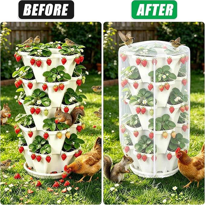 24"x40"Vertical Plant Pot Insect Netting with Zipper for Strawberry Planter | 2 Pcs Stackable 5 Tier Planter Pot Insect Mesh Protection for Herb Flower Fruit Vegetable, Front and Rear Two Zippers