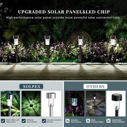 SOLPEX 24 Pack Solar Outdoor Lights Pathway, Stainless Steel Solar Lights Outdoor Waterproof,LED Landscape Lighting Walkway for Landscape/Patio/Lawn/Yard/Driveway-Cold White