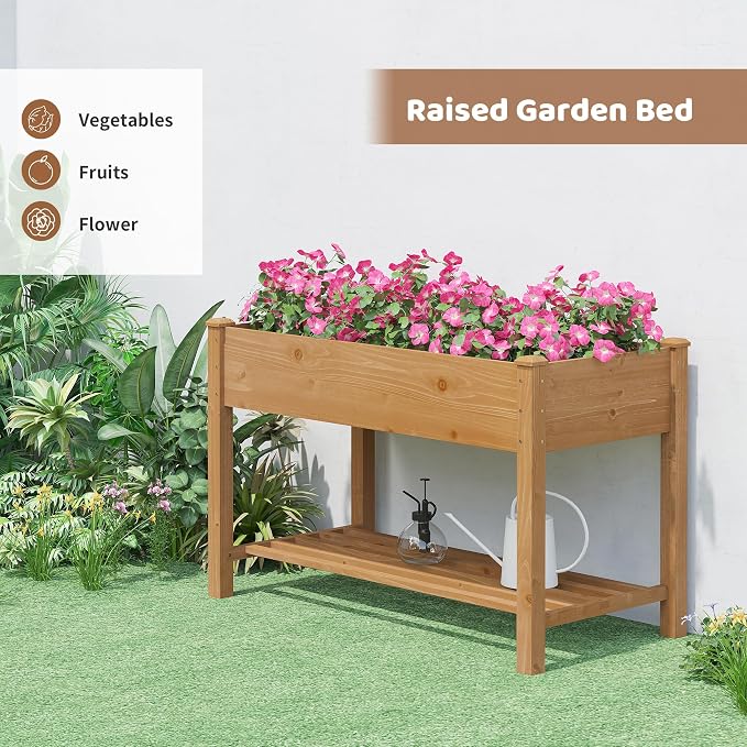 Raised Garden Bed with Legs Elevated Wooden Planter Box Stand Large Planter Stand Box for Fruits Vegetables Flowers with Divider with Bag - 48 * 24 * 30.5IN（Brown）