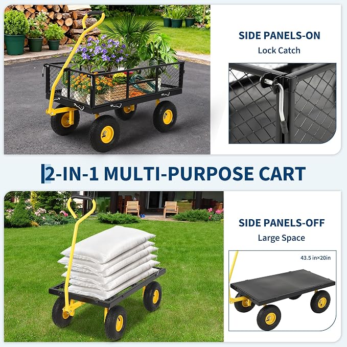 900 Lbs Heavy Duty Steel Garden Cart, Garden Wagon Cart on Wheels, Outdoor Metal Yard Utility Wagon Carts with and Mesh Removable Sides(Convert to Flatbed) and 180°Rotating Handle,Black