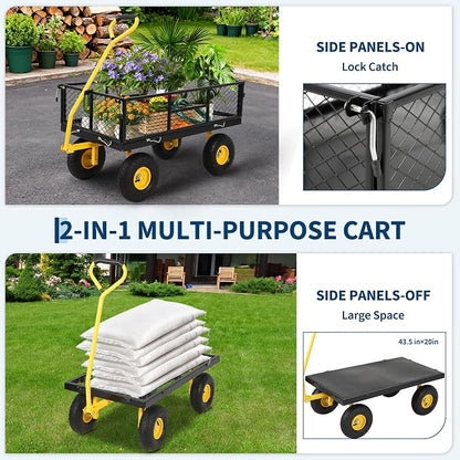 900 Lbs Heavy Duty Steel Garden Cart, Garden Wagon Cart on Wheels, Outdoor Metal Yard Utility Wagon Carts with and Mesh Removable Sides(Convert to Flatbed) and 180°Rotating Handle,Black