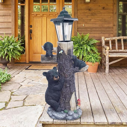 Solar Black Bear Family Garden Statue with Welcome Sign – 19" Hand-Painted Resin Bear Cubs Climbing Tree, Auto On/Off LED Light, Outdoor Yard Lawn Patio Decor, Housewarming Christmas Birthday Gift
