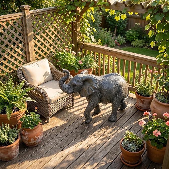 28" Large Elephant Garden Statue with Raised Trunk, Lifelike All-Weather Waterproof Resin Sculpture, Outdoor Yard Patio Lawn Decor, Lucky Feng Shui Ornament, Housewarming Gift