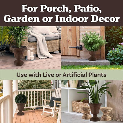 Outdoor Planter 2-Pack - 16x18-Inch Urn Planters - Plastic Plant Pots for Indoor, Outdoor, or Front Porch Decor - Flower Pots by Pure Garden (Brown)