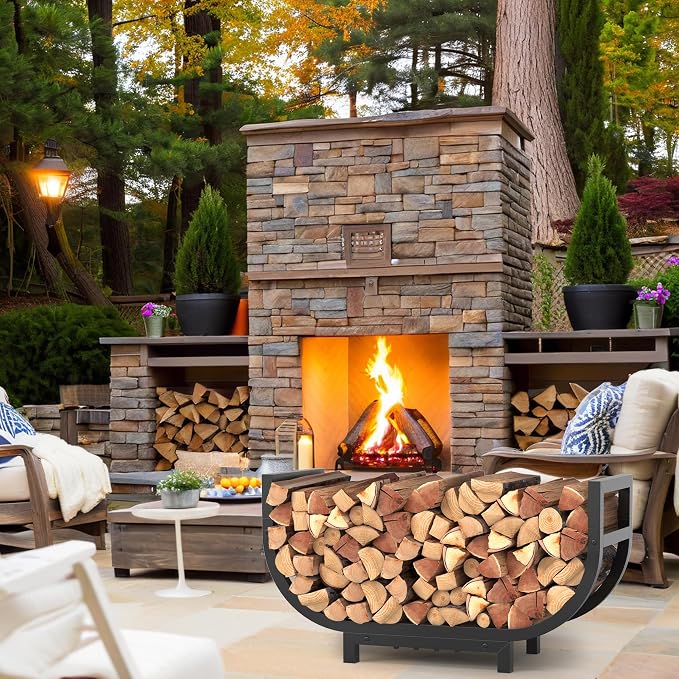 34-inch Firewood Rack Outdoor Indoor with Log Carrier Bag, Stable Log Holder Rustproof Metal Wood Rack for Fireplace Patio Deck Firepit, Heavy Duty Firewood Storage Organizer Tool, Black