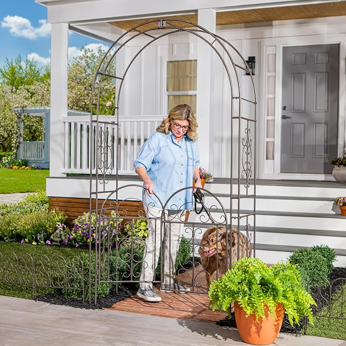 Plow & Hearth Arch Metal Outdoor Garden Arbor, 84 inches Tall, Iron Trellis Lattice for Climbing Plants, Wedding Arch, Outdoor Patio Décor (Montebello-Gunmetal with Gate)