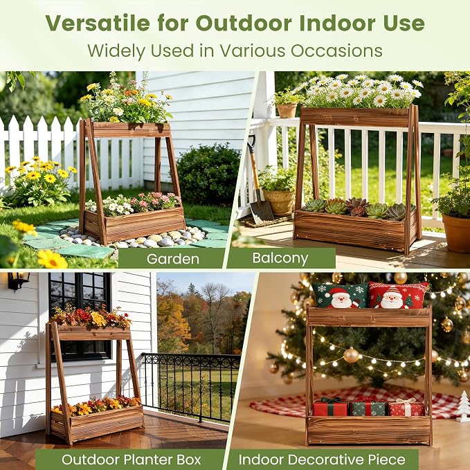 36" 2-Tier Freestanding Elevated Wooden Raised Garden Bed | Tiered fir wood planter with 23" vertical space, drainage holes, liner, and no-bend height for herbs, veggies, or flowers