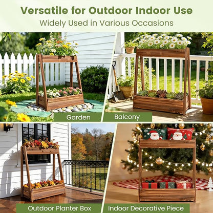 36" 2-Tier Fir Wood Elevated Raised Garden Bed | Fir wood tiered planter with 23" vertical growing space, drainage holes, liner, and no-bend height for patio or balcony