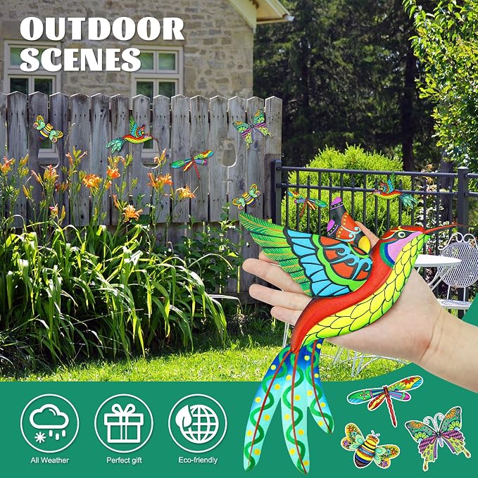4pcs Metal Outdoor Wall Art Decor,3D Colorful Dragonfly+Hummingbird+Butterfly+Bee Hanging Decorations Ornament for Garden Fence,Patio,Yard