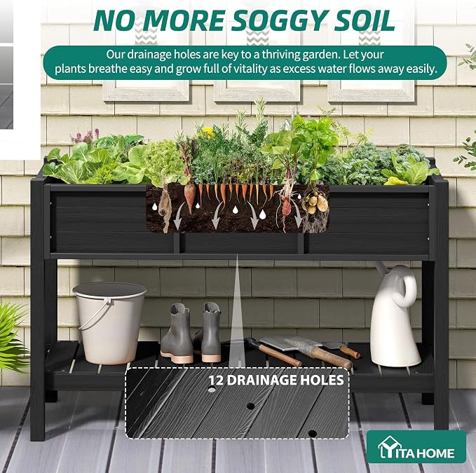 YITAHOME 48x18x30in Raised Garden Bed HDPE, Weather-Resistant Poly Lumber Planter Box with Legs & Storage Shelf, Elevated Garden Bed for Yard, Garden, Balcony - Black