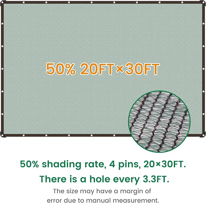 Shade Cloth, 20FT X 30FT 50% Green Outdoor Woven Sun Shade with Grommets, Durable Breathable Netting Shading Antifreezing for Patio, Garden, DIY Home, Plants Cover, Greenhouse, Dog Kennel