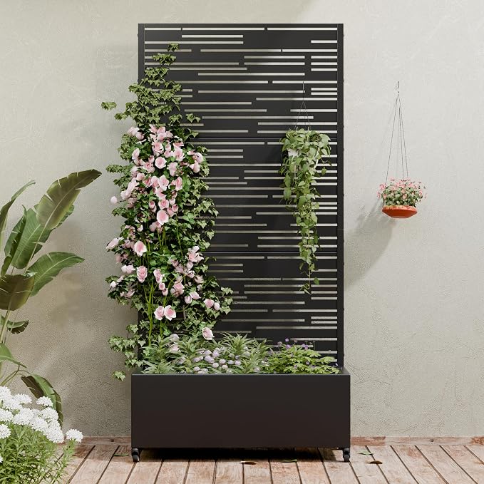 Casaphoria Metal Raised Garden Bed with Trellis and Wheels, 72"x35"x16" Planter Box for Climbing Plants, Vegetables & Vines, Features Drainage Holes and Privacy Screen (Black-Shine)