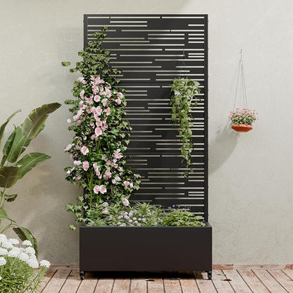 Casaphoria Metal Raised Garden Bed with Trellis and Wheels, 72"x35"x16" Planter Box for Climbing Plants, Vegetables & Vines, Features Drainage Holes and Privacy Screen (Black-Shine)
