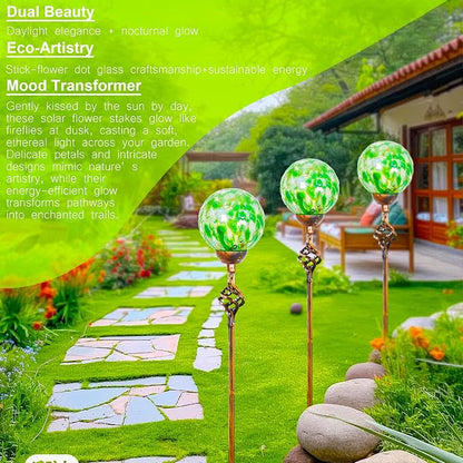 Garden Solar Lights, Decorative LED Honeycomb Glass Ball Garden Stake, Glass and Metal Outdoor Decoration, 4 x 31 Inch (Green)