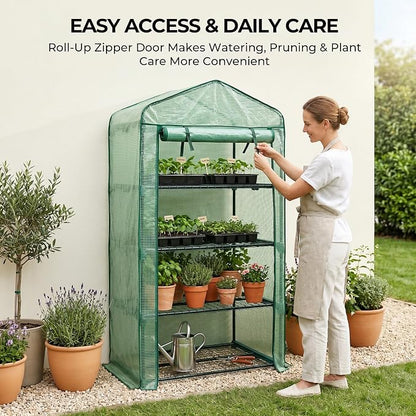 Worth Garden 4 Tier Mini Greenhouse - 63'' H x 27'' L x 19'' W - Sturdy Portable Gardening Shelves with Durable PE Cover w/ Roll-Up Zipper Door- Small Green House Indoor & Outdoor for Plants Flowers