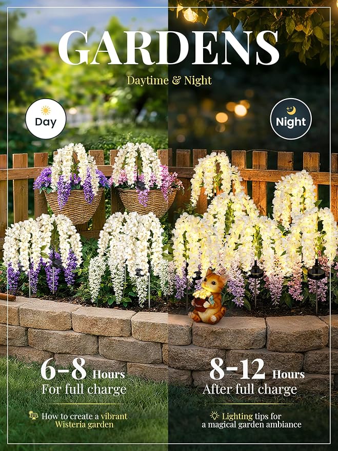 GIGALUMI Solar Lights Outdoor for Garden Decor, 3 Pack Solar Flower Lights Waterproof, 2 Lighting Modes Wisteria for Pathway,Yard, Patio Decoration, Gardening Gifts for Women (White)
