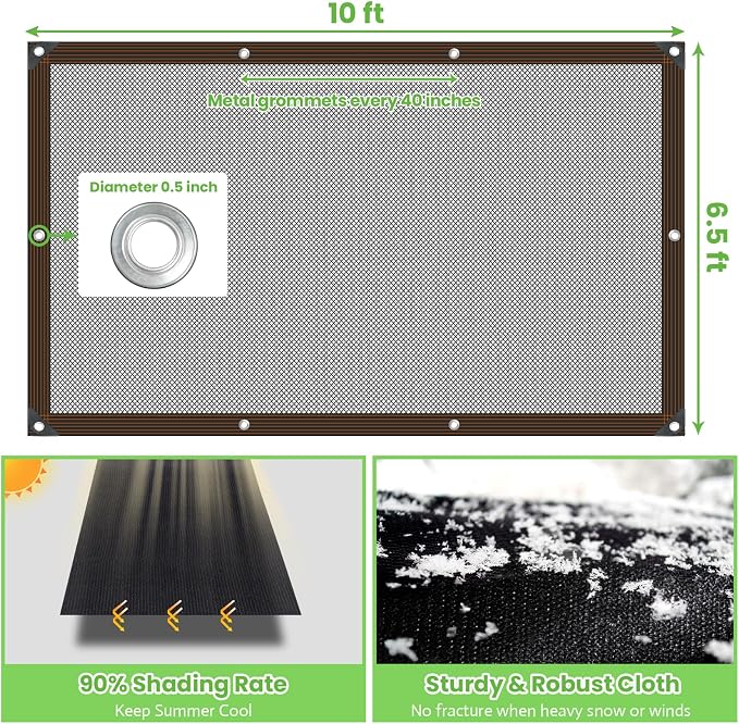 Riare 90% Black Shade Cloth- 6.5 x 10 FT Sunblock Garden Shade Cloth, Sun Shade Mesh Tarp with Reinforced Grommets for Greenhouse, Garden, Patio, Backyard, Plants, Pergola, Chicken Coop