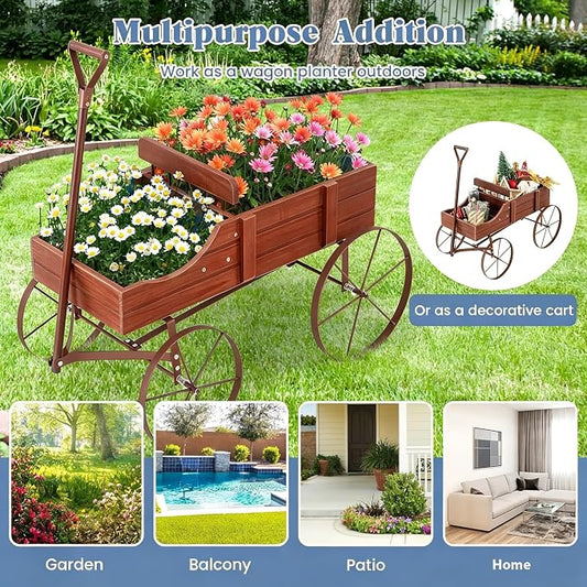 DORTALA Wood Wagon Planter, Outdoor Garden Flower Planter Cart with Wheels, Small Decorative Wood Raised Bed Plant Pot Box Stand for Backyard, Patio, Balcony, Red