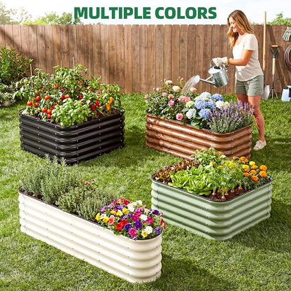 3 Pcs Raised Garden Beds Outdoor, 17" Tall 3-in-1 Modular 4x2ft Galvanized Metal Planter Box with Bracing Rods and Gloves for Vegetables Flowers Herbs, Olive Green