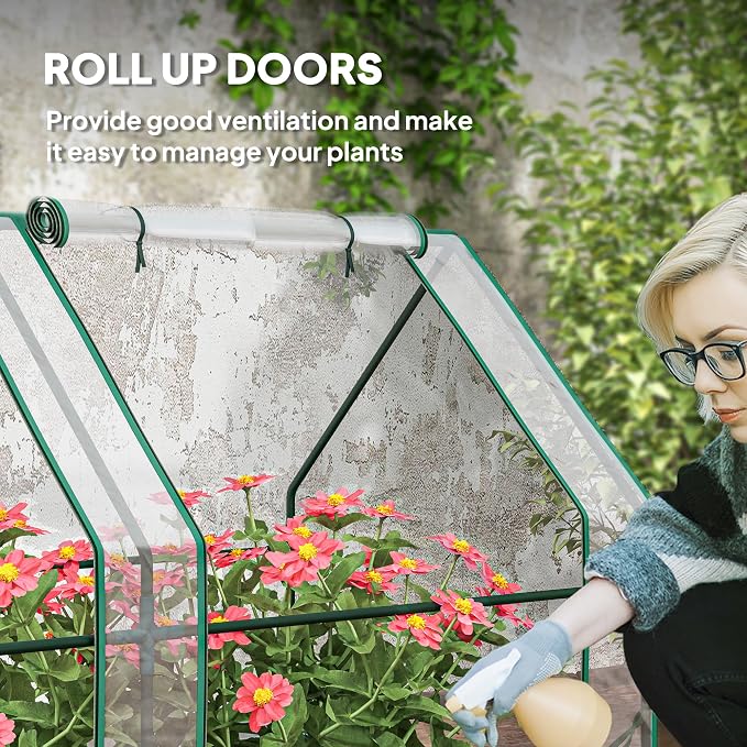 Outsunny 12' x 3' x 3'Mini Greenhouse with Zippered Doors & Roll-up Windows, Portable Plant Hot House with PVC Cover, Water Resistant, UV Protected for Outdoor Flowers, Vegetables, Clear