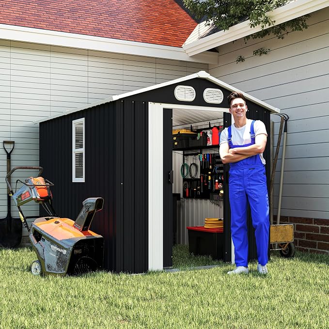 YOPTO 8x6 FT Outdoor Storage Shed, Metal Tool Shed with Window, Lockable Doors & Air Vents, for Backyard Garden Patio,Lawn,Dark Gray