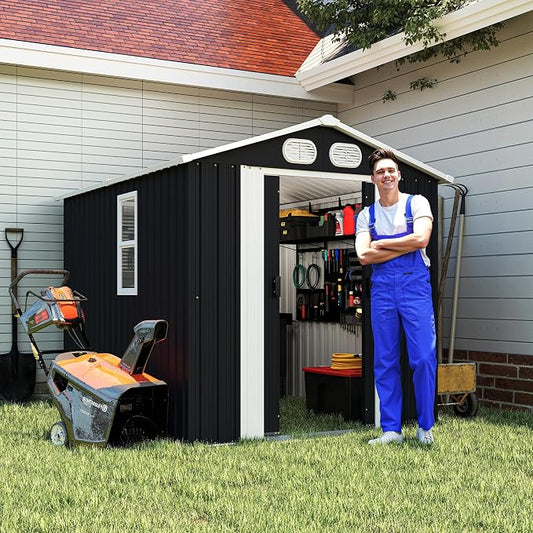 YOPTO 8x6 FT Outdoor Storage Shed, Metal Tool Shed with Window, Lockable Doors & Air Vents, for Backyard Garden Patio,Lawn,Dark Gray
